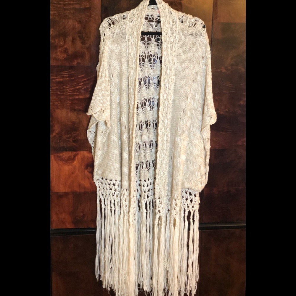 Boho  Beige Fringe crocheted duster